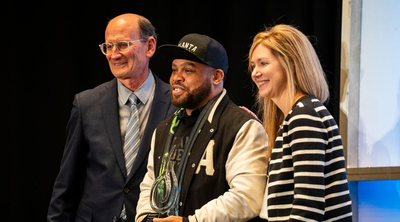 Bem Joiner, creative culture curator and co-founder of Atlanta Influences Everything, is honored with the Warner Bros. Discovery Community Leadership Award during Central Atlanta Progress' Annual Meeting & Awards Celebration in Atlanta, Georgia, on Wednesday, Jan. 31, 2024. Joiner's contributions to the community and commitment to quiet leadership are recognized through this prestigious accolade. (Olivia Bowdoin for the AJC).