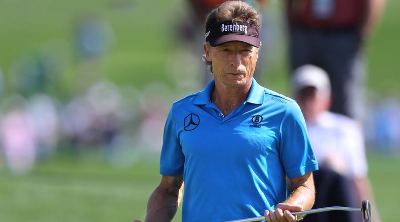 Two time Masters champion Bernhard Langer practices his putting on the second green during his practice round for the Masters at Augusta National Golf Club on Monday, April 2, 2018, in Augusta. Curtis Compton/ccompton@ajc.com