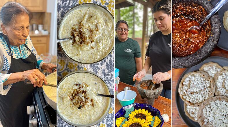 Nirmala Arneja stirs up vermicelli kheer at her daughter and son-in-law’s home in Decatur.
Antonina Hernandez de Paz watches while her sister-in-law, Silvia Hernandez, makes a salsa of chile de arbol, garlic and tomatillos in the molcajete that belonged to Antonina’s late mother, Rosa Hernandez Lopez. The salsa is used as garnish for Picaditas de Queso Fresco. (Wendell Brock for The Atlanta Journal-Constitution)