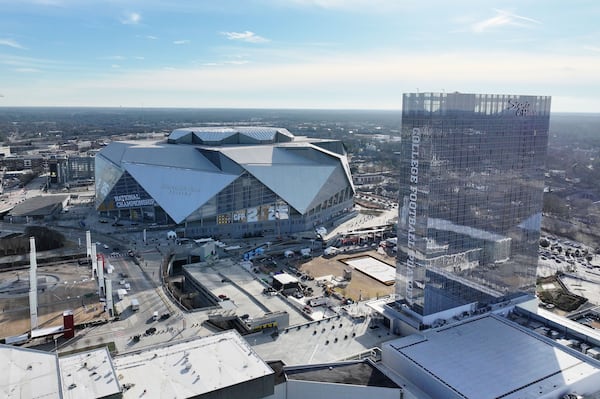 Mercedes-Benz Stadium — pictured decorated for the College Football Playoff championship game in January 2025  — will host eight World Cup games this summer. (Hyosub Shin/AJC 2025)