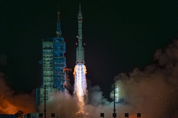 FILE -Shenzhou-19 spacecraft sitting atop a Long March rocket takes off from the Jiuquan Satellite Launch Center in Jiuquan, northwestern China in the early hours of Oct. 30, 2024. (AP Photo/Ng Han Guan, File)