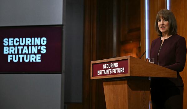 Britain's Chancellor of the Exchequer Rachel Reeves speaks during a press conference in the Downing Street Briefing Room in Downing Street, London, England, Wednesday, March 26, 2025. (Ben Stansall/Pool Photo via AP)