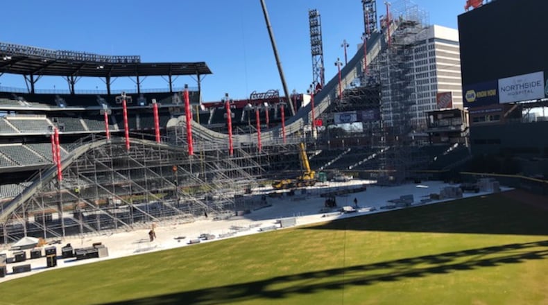 A look at work in progress on building the 15-story-tall steel scaffold jump structure, which will be covered with snow for the Visa Big Air event at SunTrust Park.