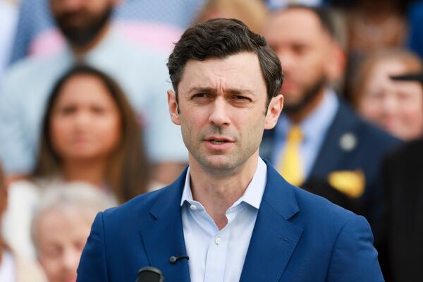 Democratic U.S. Sen. Jon Ossoff speaks at a rally after he filed paperwork to run for his 2026 reelection campaign at Liberty Plaza in March. (Jason Getz/AJC)