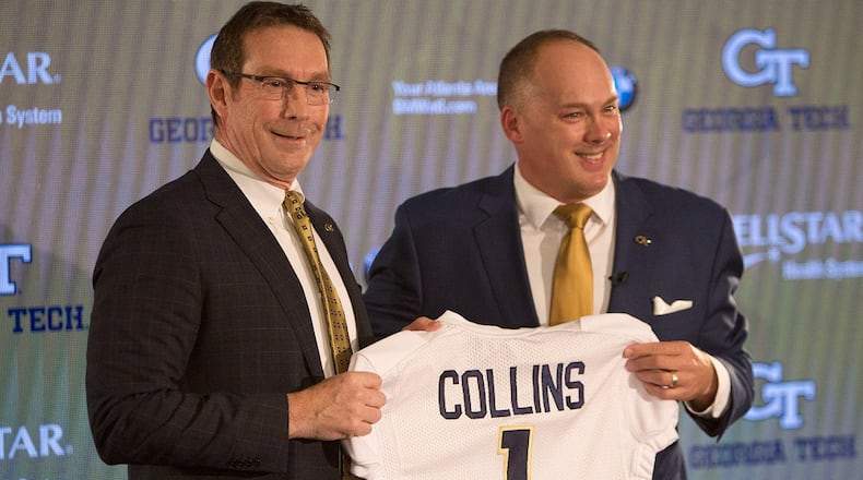 Athletic director Todd Stansbury (left) poses with Geoff Collins who was named Georgia Tech football coach at a news conference at Tech on December 7, 2018. (Photo by Phil Skinner/For the AJC)
