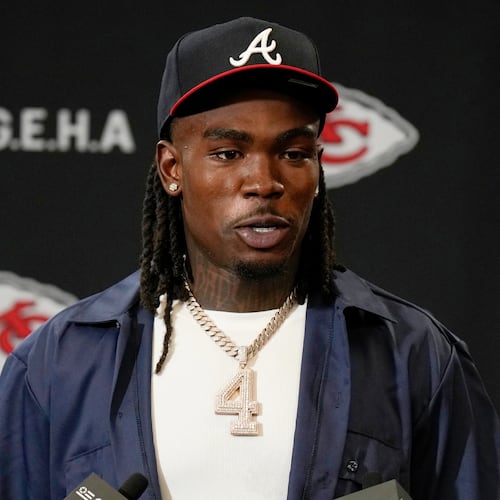 FILE - Kansas City Chiefs wide receiver Rashee Rice speaks during a news conference following an NFL football game against the Indianapolis Colts, Nov. 23, 2025, in Kansas City, Mo. (AP Photo/Charlie Riedel, File)