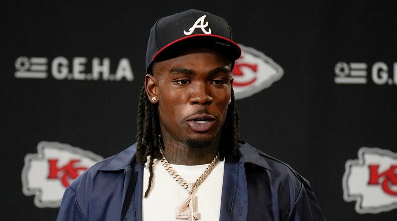 FILE - Kansas City Chiefs wide receiver Rashee Rice speaks during a news conference following an NFL football game against the Indianapolis Colts, Nov. 23, 2025, in Kansas City, Mo. (AP Photo/Charlie Riedel, File)