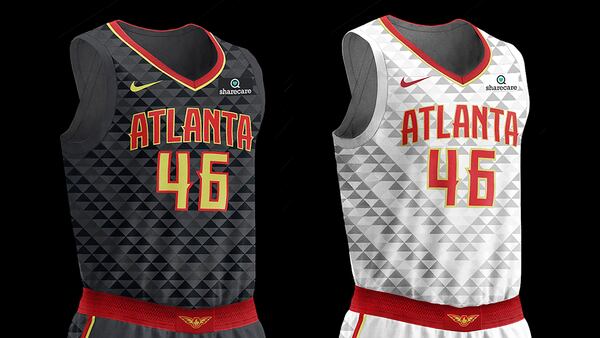 View of the Hawks jerseys with Sharecare sponsorship.