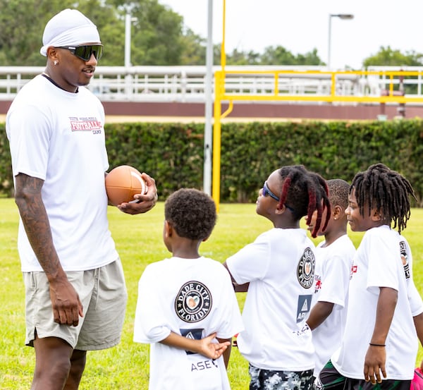 Falcons quarterback Michael Penix Jr. speaks to campers at his youth camp on Sunday, June 29, 2025, in Dade City, Florida. (Photo by Hanna Fox Maglio)