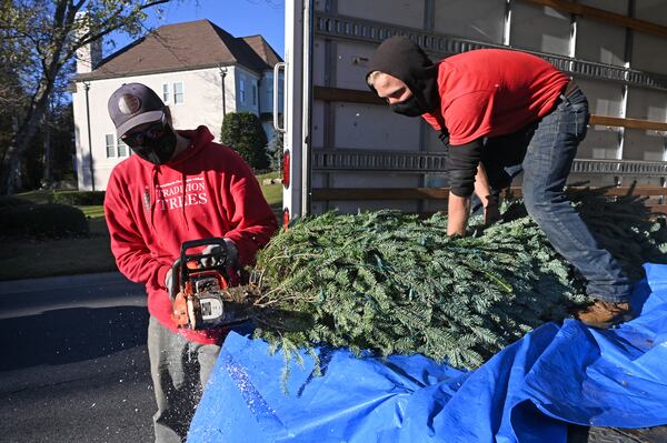 November 18, 2020 Alpharetta - Wyatt Carpenter (left) and Evan Drenner, both with Tradition Trees, trim a Christmas tree before they deliver to customer's home in The Country Club of the South in Alpharetta on Wednesday, November 18, 2020. (Hyosub Shin / Hyosub.Shin@ajc.com)