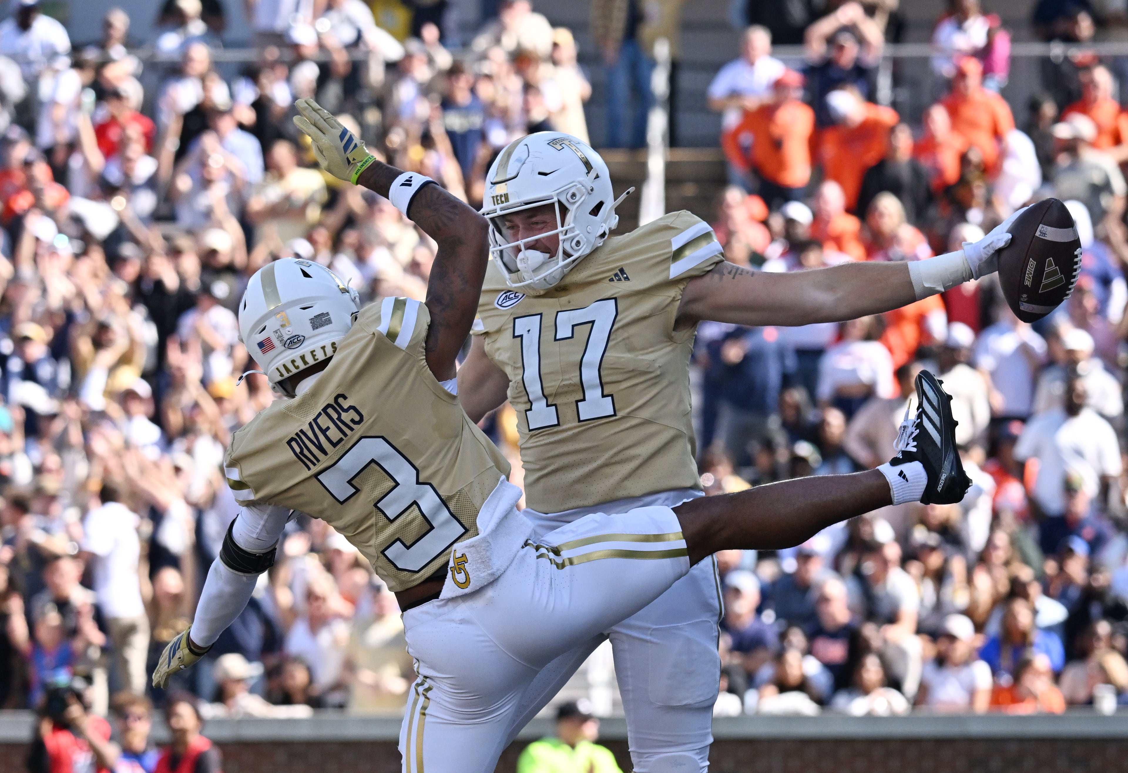 Georgia Tech tight end Josh Beetham (17) celebrates with Georgia Tech wide receiver Eric Rivers (3) after scoring a touchdown during the first half of an NCAA college football game at Bobby Dodd Stadium, Saturday, October 25, 2025 in Atlanta. (Hyosub Shin / AJC)