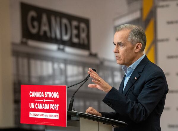 Canada Liberal Leader Mark Carney makes an announcement at the airport in Gander, Newfoundland, on Monday March 24, 2025. (Frank Gunn/The Canadian Press via AP)