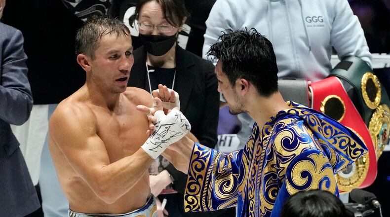 FILE - Gennadiy Golovkin, of Kazakhstan, left, and Ryota Murata, of Japan, greet each other after a boxing title match in Saitama, near Tokyo, April 9, 2022. (AP Photo/Shuji Kajiyama, File)