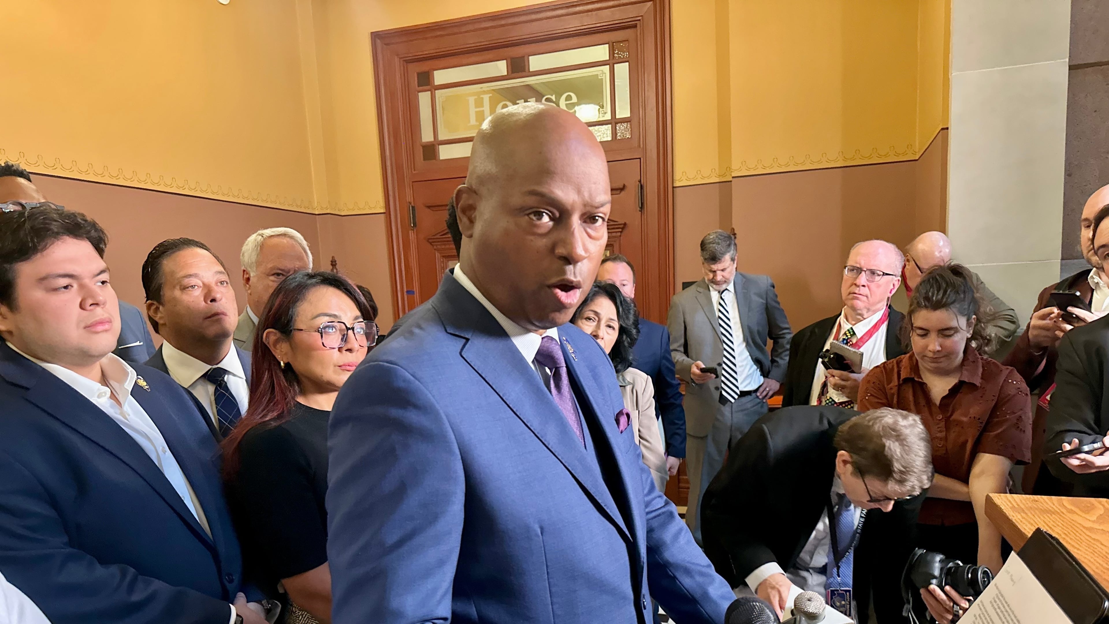 Illinois House Speaker Emanuel "Chris" Welch decries the federal government's Chicago immigration crackdown tactics and vows his Democratic caucus will adopt resolutions to condemn them in this Wednesday, Oct. 15, 2025 image at the state Capitol in Springfield, Il. (AP Photo John O'Connor)