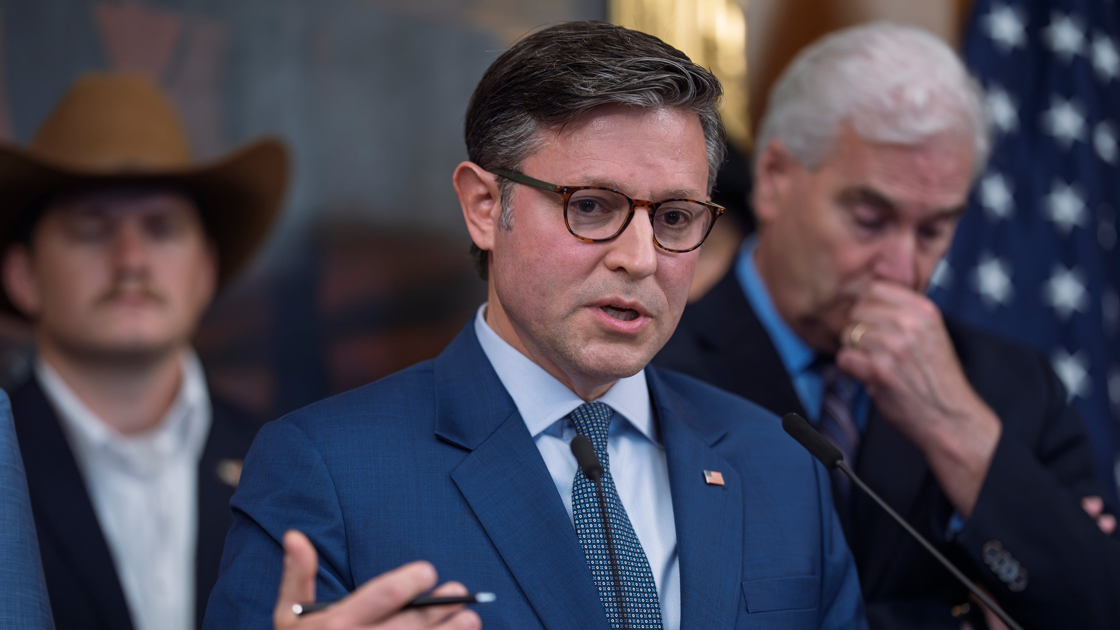 Speaker of the House Mike Johnson, R-La., talks about the killing of conservative activist Charlie Kirk and defended employers who take action against their workers whose comments go too far, at the Capitol in Washington, Tuesday, Sept. 16, 2025. (AP Photo/J. Scott Applewhite)