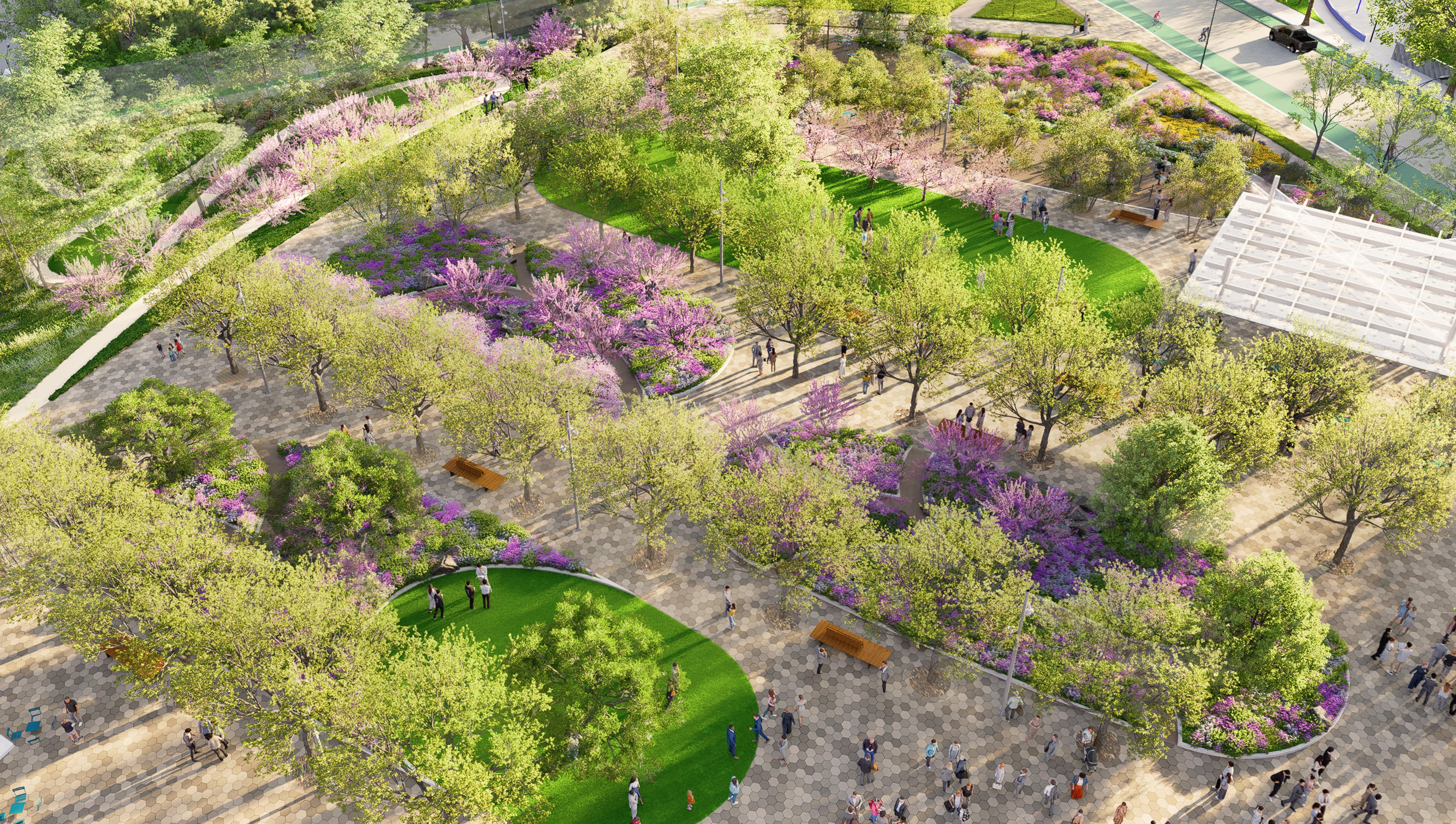 An aerial rendering of the first phase of the Stitch in downtown Atlanta was unveiled Wednesday. Flush with green space and gathering spots, the renderings show no indications that one of the region’s busiest interstate corridors runs beneath the proposed public park. (Courtesy of Atlanta Downtown Improvement District)