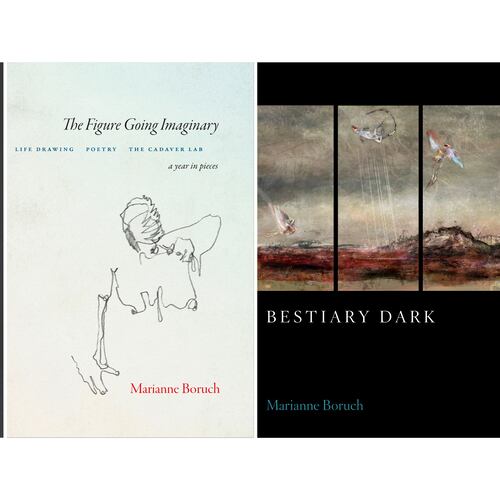 This combination of book cover images released by Copper Canyon Press shows poetry books by Marianne Boruch, from left, "The Anti-Grief," "The Figure Going Imaginary: Life Drawing, Poetry, The Cadaver Lab; A Year in Pieces," and "Bestiary Dark." (Copper Canyon Press via AP)