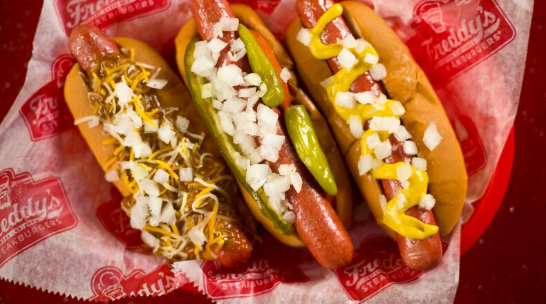 Menu highlights of Freddy’s Frozen Custard & Steakburgers lean, ground beef steakburgers, Vienna Beef hot dogs and shoestring fries, as well as custard treats prepared with freshly churned chocolate or vanilla frozen custard.