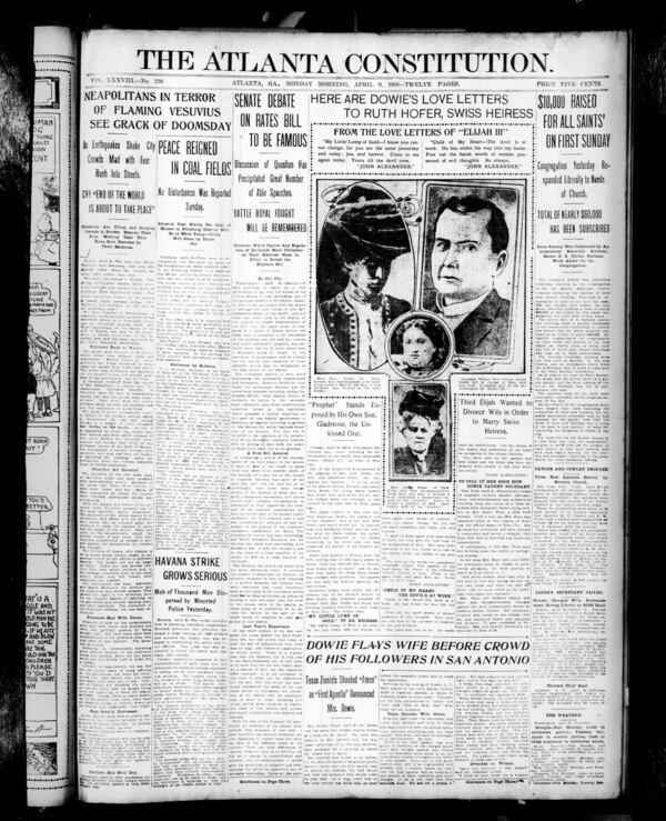 The front page of the April 9, 1906 edition of The Atlanta Constitution