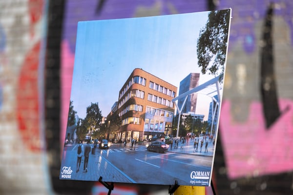 A mockup of the revitalization of the building at 143 Alabama St. SW in Atlanta is seen on Thursday. (Arvin Temkar/AJC)