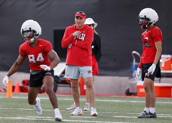 UNLV football head coach Dan Mullen attends a practice in Las Vegas, Thursday, March 27, 2025. (Bizuayehu Tesfaye/Las Vegas Review-Journal via AP)