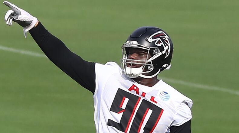 Falcons rookie defensive tackle Marlon Davidson makes a point during training camp in August.    Curtis Compton / ccompton@ajc.com