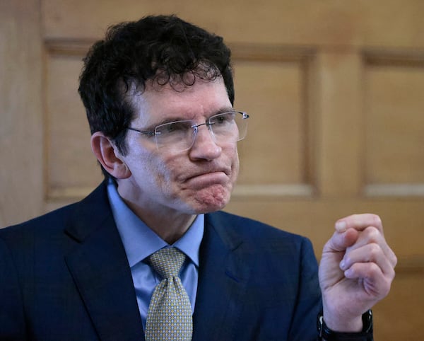 Defense attorney Robert Alessi cross-examines digital forensics analyst Shanon Burgess during the retrial of Karen Read in the Norfolk Superior Court, Monday, May 19, 2025, in Dedham, Mass. (Pat Greenhouse/The Boston Globe via AP, Pool)