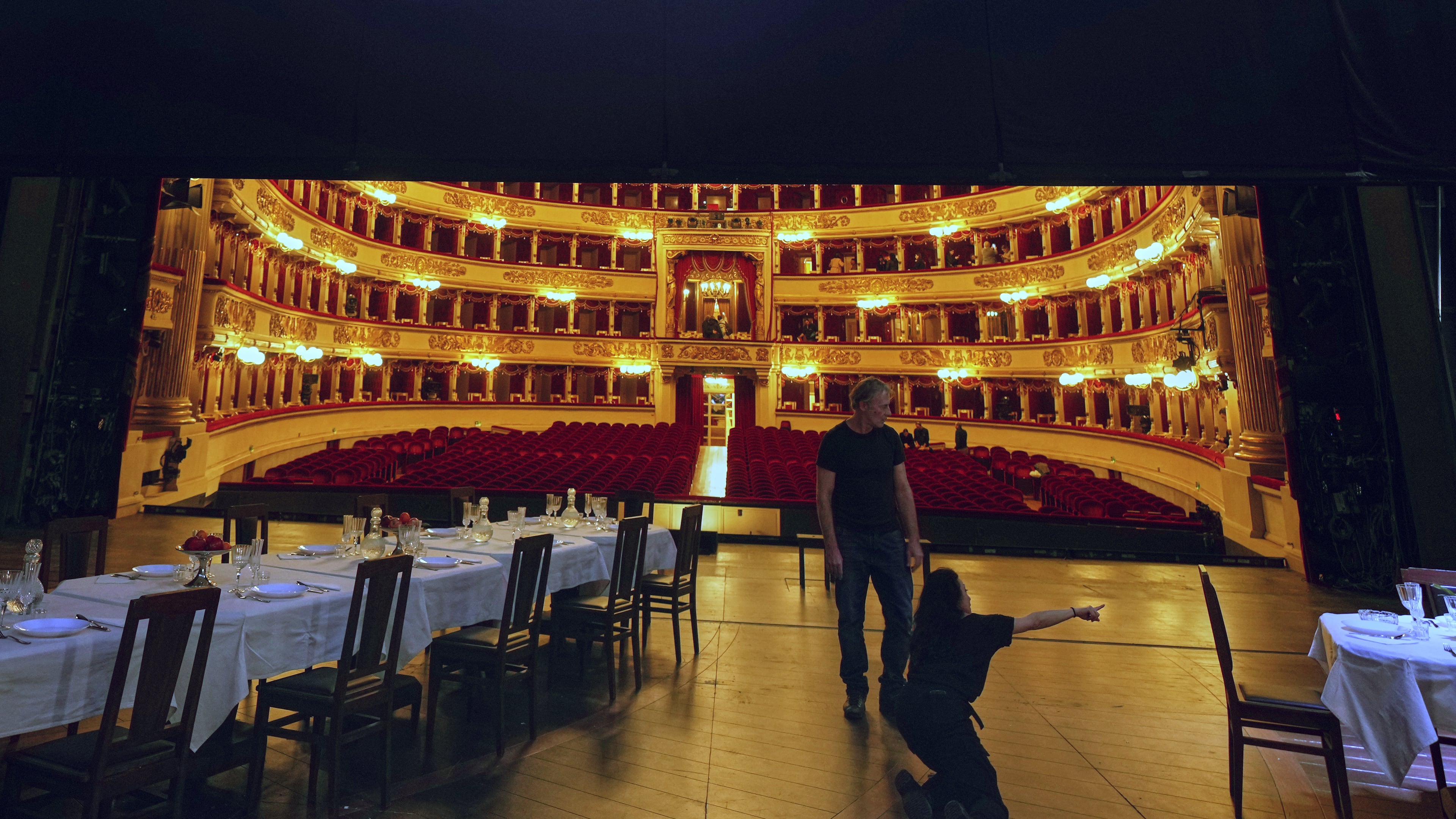The stage is prepared ahead of the dressed rehearsal of the Lady Macbeth of Mtsensk District, by Dmitri Shostakovich, at La Scala Opera House in Milan, Italy, Thursday, Dec. 4, 2025. (AP Photo/Antonio Calanni)