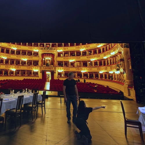 The stage is prepared ahead of the dressed rehearsal of the Lady Macbeth of Mtsensk District, by Dmitri Shostakovich, at La Scala Opera House in Milan, Italy, Thursday, Dec. 4, 2025. (AP Photo/Antonio Calanni)