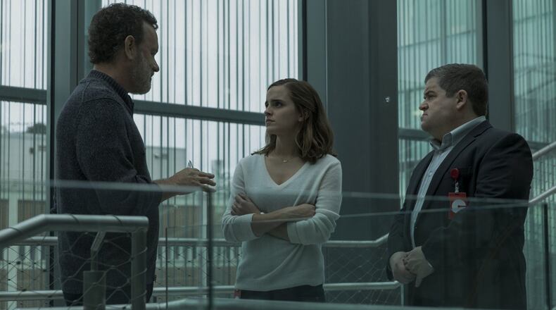 Tom Hanks (from left), Patton Oswalt and Emma Watson in “The Circle.” (Francois Duhamel/STX Entertainment)