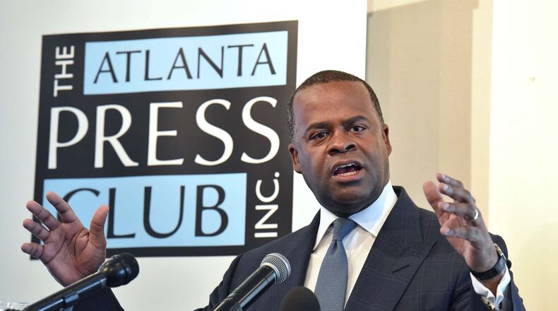 Atlanta Mayor Kasim Reed speaks at an Atlanta Press Club Newsmaker Luncheon on February 28. Reed leaves office in January after eight years as the city’s mayor. HYOSUB SHIN / HSHIN@AJC.COM
