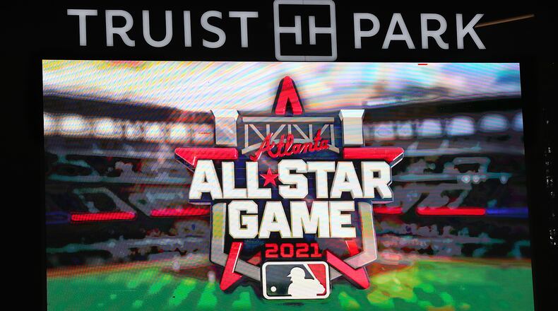 092420 Atlanta: Major League Baseball, the Atlanta Braves, and officials from the City of Atlanta and Cobb County today unveiled
the official logo of the 2021 All-Star Game. The logo is seen during a video on the center field scoreboard while the Atlanta Braves play the Miami Marlins in a MLB baseball game at Truist Park on Thursday, Sept. 24, 2020 in Atlanta. “Curtis Compton / Curtis.Compton@ajc.com”