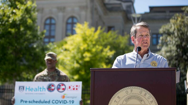 Georgia Gov. Brian Kemp makes remarks during a press conference at Liberty Plaza, across the street from the Georgia State Capitol building in Atlanta, Monday, April 20, 2020. During the presser, Gov. Kemp revealed that he planned to allow some small business owners to open back up by the end of the week. Other business would open up the following Monday. However, Georgia private and public K-12 schools, colleges and universities would remain closed for the remainder of the 2019-2020 school year. (ALYSSA POINTER / ALYSSA.POINTER@AJC.COM)