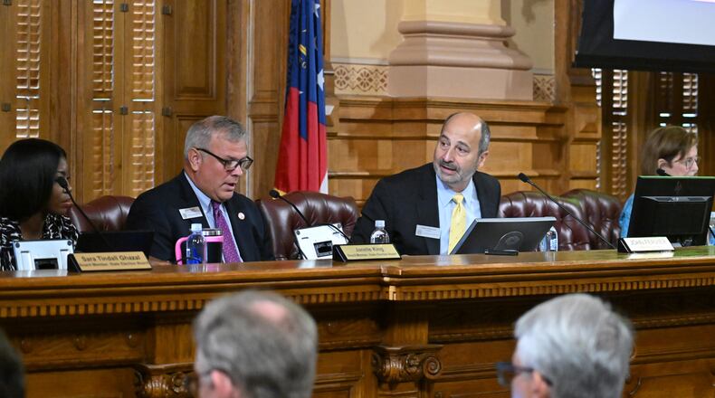 Chairman of State Election Board John Fervier (third from left) speaks during the State Election Board’s final scheduled meeting of 2024 at Georgia Capitol, Tuesday, October 8, 2024, in Atlanta. (Hyosub Shin / AJC)