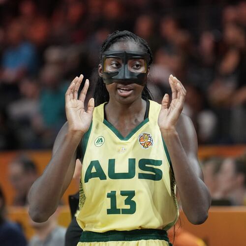 Australia's Ezi Magbegor reacts during the Women's Basketball World Cup match between Australia and Puerto Rico in Berlin, Friday, Sept. 4, 2026. (AP Photo/Ebrahim Noroozi)