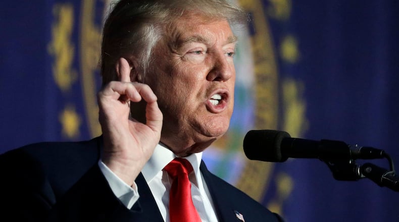 Republican presidential candidate Donald Trump speaks at a campaign rally in Bedford, N.H., on Thursday. AP/John Locher