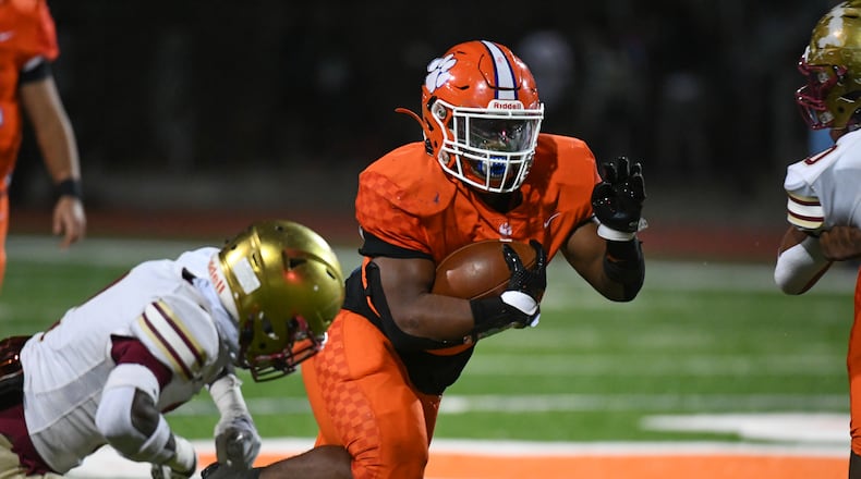 Khyair Spain, running back for Parkview, runs the ball at the Parkview vs. Brookwood High School Football game on Friday, Oct. 28, 2022, at Parkview High School in Lilburn, Georgia. (Jamie Spaar for the Atlanta Journal Constitution)
