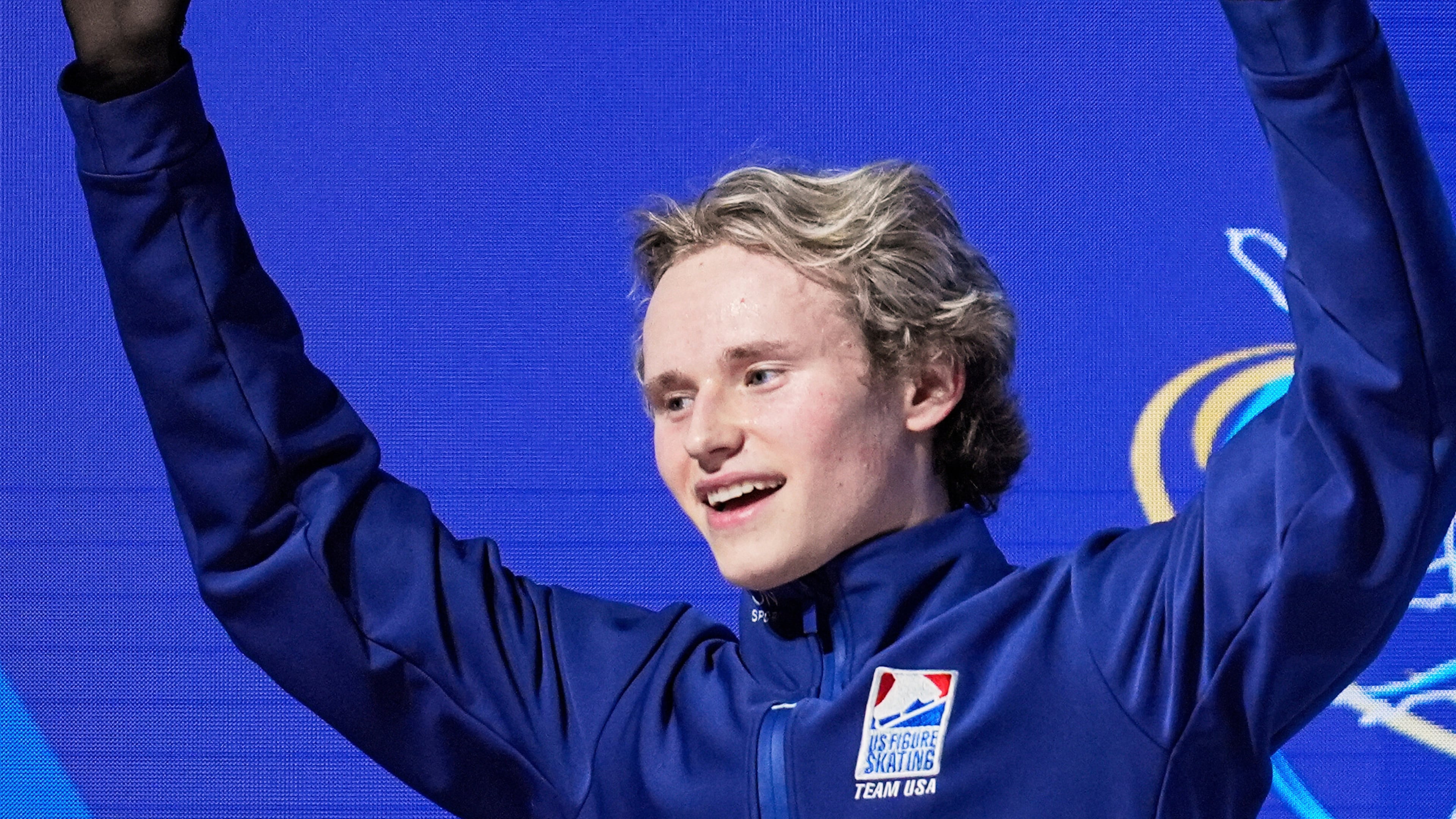 FILE - Ilia Malinin, of the United States, reacts after performing during the men's free skating program at the figure skating world championships, March 29, 2025, in Boston. (AP Photo/Charles Krupa)