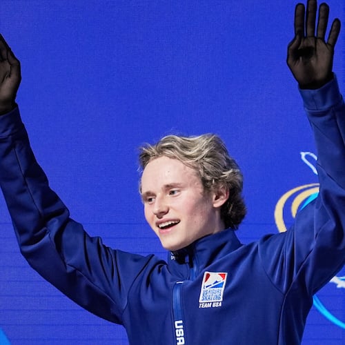 FILE - Ilia Malinin, of the United States, reacts after performing during the men's free skating program at the figure skating world championships, March 29, 2025, in Boston. (AP Photo/Charles Krupa)