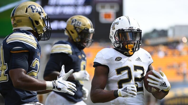 Clinton Lynch of the Georgia Tech Yellow Jackets runs for a 3-yard touchdown in the fourth quarter during the game against the Pittsburgh Panthers at Heinz Field on September 15, 2018 in Pittsburgh, Pennsylvania. (Photo by Justin Berl/Getty Images)
