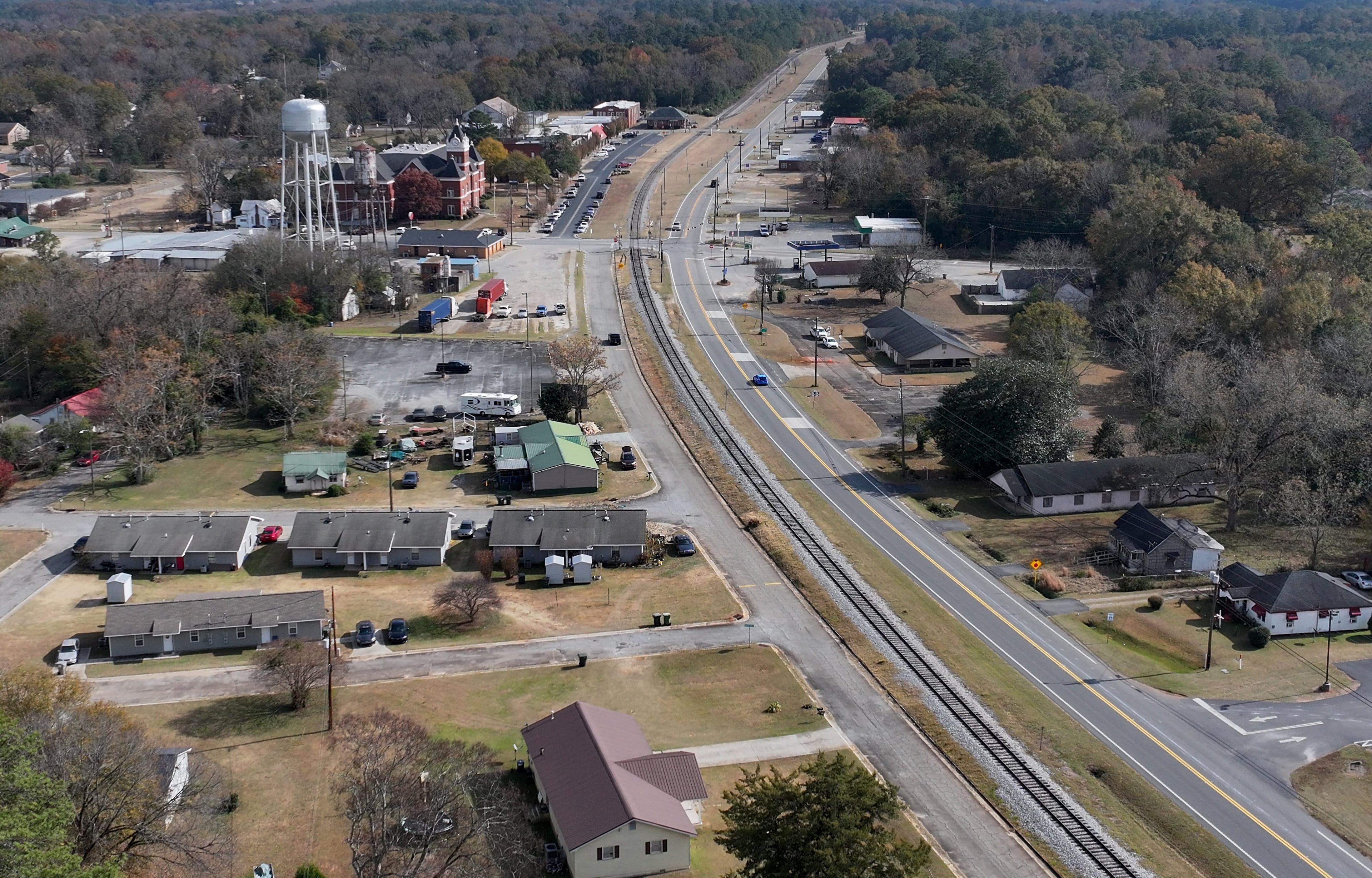 Aerial photo shows downtown Jeffersonville, Wednesday, Nov. 19, 2025, in Twiggs County. A proposal to rezone nearly 300 acres of timberland for a data center in Twiggs County is drawing widespread criticism from residents. (Hyosub Shin/AJC)