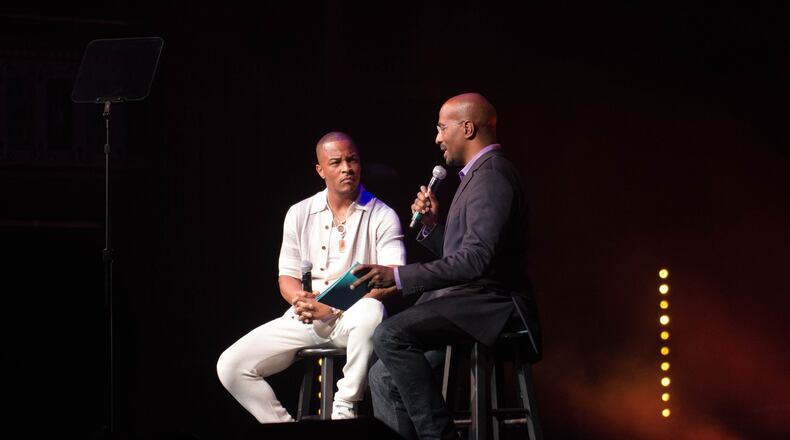 Atlanta rapper T.I., talking with activist and CNN commentator Van Jones at the “We Rise” event, peppered his insights with personal experiences and observations. T.I., who’s from Bankhead, noted to Jones that “most black people, at least where I’m from, we don’t get to go to college, we go to prison.” CONTRIBUTED BY HILLERY TERENZI