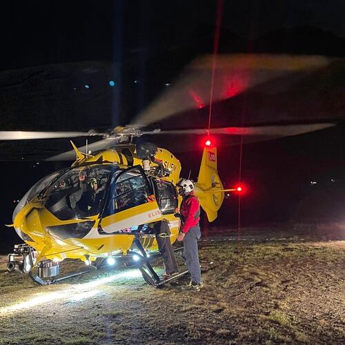 This photo released by the Italian Alpine and Speleological Rescue Corps on Sunday, Nov. 2, 2025, rescuers prepare for rescue operations with a helicopter in search of five mountaineers, all German, who were hit by an avalanche Saturday afternoon, Nov. 1, 2025, while climbing the Cima Vertana, in the Ortler mountains in Solda, Italy. (Corpo Nazionale Soccorso Alpino e Speleologico via AP)