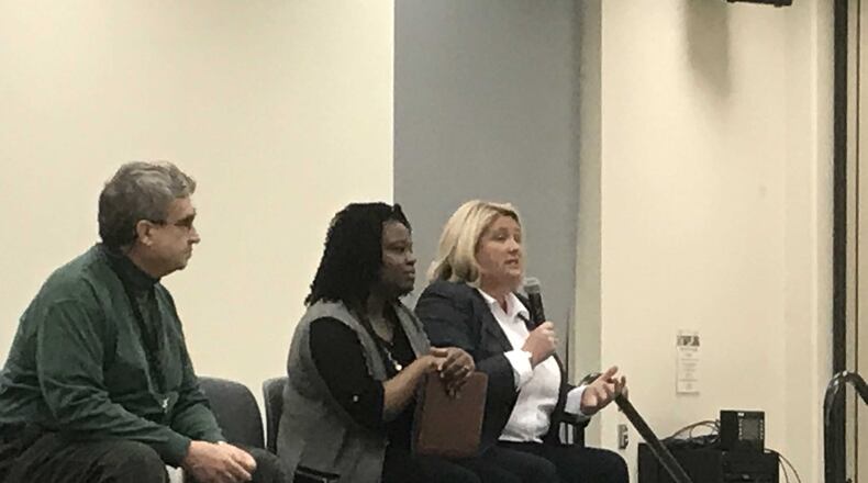 Laurie Wilder, president of Parker Executive Search, the firm hired to help Kennesaw State University find its next president, speaks at a town hall meeting on Monday, Feb. 26, 2018 at the university’s Kennesaw campus about the process. ERIC STIRGUS / ESTIRGUS@AJC.COM