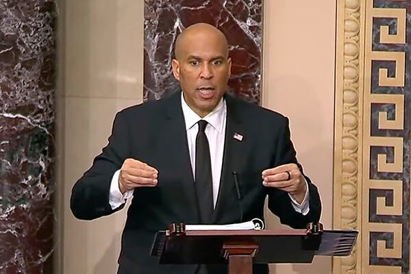 In this image provided by Senate Television, Sen, Cory Booker, D-N.J. speaks on the Senate floor, Tuesday morning, April 1, 2025. (Senate Television via AP)