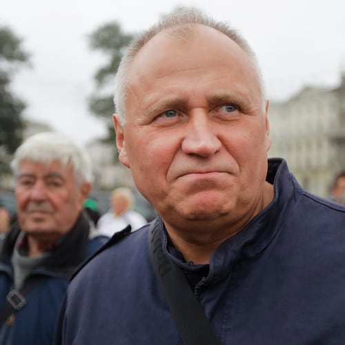 FILE - Veteran activist Mikalai Statkevich attends a protest in Minsk, Belarus, Sept. 8, 2017. (AP Photo, File)