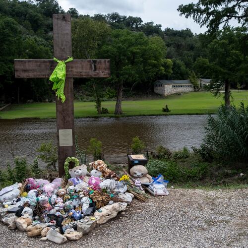 FILE - A memorial for the victims of the 2025 Camp Mystic flood stands, July 17, 2026, in Hunt, Texas. (AP Photo/Joel Angel Juarez, File)