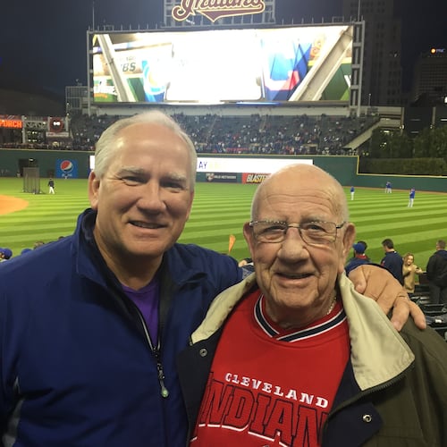 Jim King Jr., left, and his father Jim King Sr. attended Game 1 of the 2016 World Series pitting the Cleveland Guardians (formerly the Indians) against the Chicago Cubs. (Courtesy)