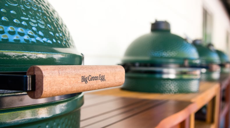 Big Green Eggs seen at the Big Green Egg headquarters. Food will be cooked on Big Green Eggs at Green Eggs & Kegs 2022 on April 23 at The Village in Dunwoody. (Henri Hollis / Henri.Hollis@ajc.com)