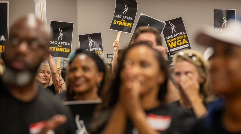 Union members of SAG-AFTRA join with supporters at a rally to discuss the strike and how important it is in Atlanta on Monday, July 17, 2023. (Katelyn Myrick/katelyn.myrick@ajc.com)